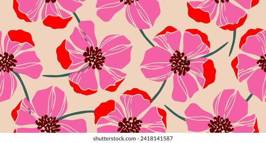 Exotic hand drawn flowers, seamless patterns with floral for fabric, textiles, clothing, wrapping paper, cover, banner, home decor, abstract backgrounds. Vector illustration.