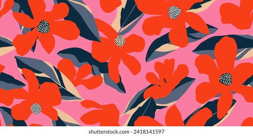 Exotic hand drawn flowers, seamless patterns with floral for fabric, textiles, clothing, wrapping paper, cover, banner, home decor, abstract backgrounds. Vector illustration.