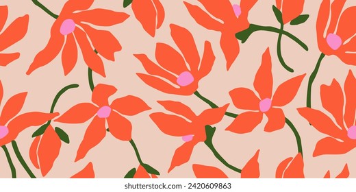 Exotic hand drawn flowers, seamless patterns with floral for fabric, textiles, clothing, wrapping paper, cover, banner, home decor, abstract backgrounds. Vector illustration.