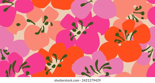 Exotic hand drawn flowers, seamless patterns with floral for fabric, textiles, clothing, wrapping paper, cover, banner, home decor, abstract backgrounds. Vector illustration.