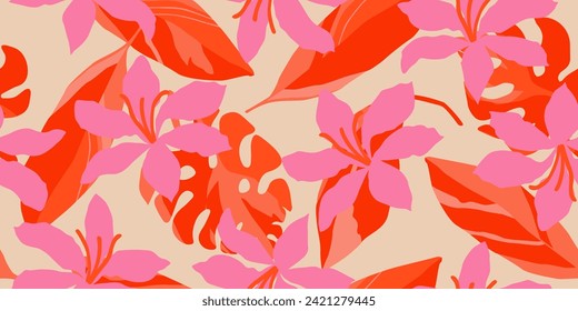 Exotic hand drawn flowers, seamless patterns with floral for fabric, textiles, clothing, wrapping paper, cover, banner, home decor, abstract backgrounds. Vector illustration.