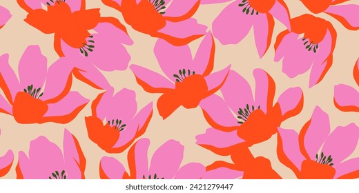 Flores dibujadas a mano exóticas, estampados sin costura con motivos florales para tela, textiles, ropa, papel envolvente, cubierta, banner, decoración doméstica, fondos abstractos. Ilustración vectorial.