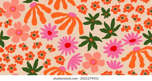 Exotic hand drawn flowers, seamless patterns with floral for fabric, textiles, clothing, wrapping paper, cover, banner, home decor, abstract backgrounds. Vector illustration.