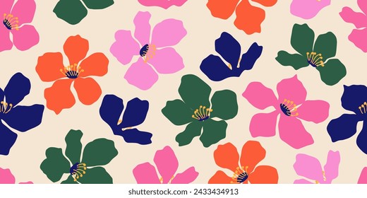 Exotic hand drawn flowers, seamless patterns with colorful floral for fabric, textiles, wrapping paper, cover, banner, home decor, wall art, abstract backgrounds. Vector illustration.