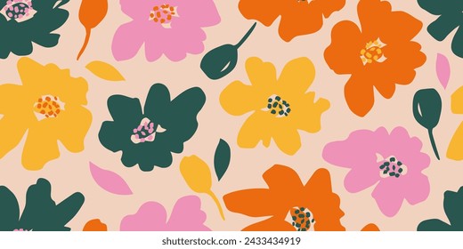 Exotic hand drawn flowers, seamless patterns with colorful floral for fabric, textiles, wrapping paper, cover, banner, home decor, wall art, abstract backgrounds. Vector illustration.