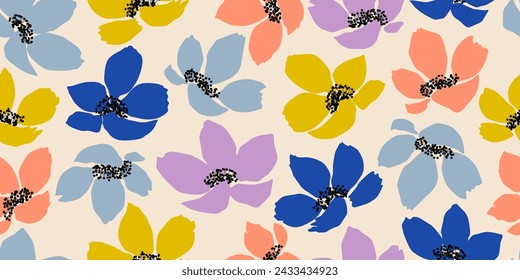 Exotic hand drawn flowers, seamless patterns with colorful floral for fabric, textiles, wrapping paper, cover, banner, home decor, wall art, abstract backgrounds. Vector illustration.