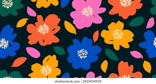 Exotic hand drawn flowers, seamless patterns with colorful floral for fabric, textiles, wrapping paper, cover, banner, home decor, wall art, abstract backgrounds. Vector illustration.