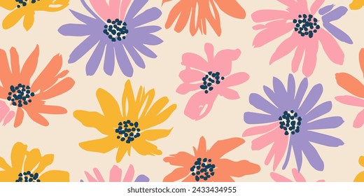 Exotic hand drawn flowers, seamless patterns with colorful floral for fabric, textiles, wrapping paper, cover, banner, home decor, wall art, abstract backgrounds. Vector illustration.