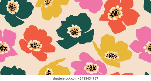 Exotic hand drawn flowers, seamless patterns with colorful floral for fabric, textiles, wrapping paper, cover, banner, home decor, wall art, abstract backgrounds. Vector illustration.