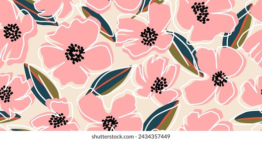 Flores exóticas dibujadas a mano, patrones sin costuras con flores para tela, textiles, ropa, papel de envoltura, cubierta, bandera, decoración del hogar, fondos abstractos. Ilustración vectorial.