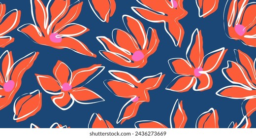 Exotic hand drawn flowers, seamless patterns with floral for fabric, textiles, clothing, wrapping paper, cover, banner, home decor, abstract backgrounds.