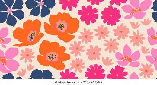 Exotic hand drawn flowers, seamless patterns with floral for fabric, textiles, clothing, wrapping paper, cover, banner, home decor, abstract backgrounds.