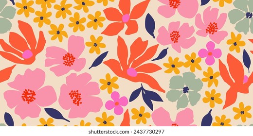 Exotische handgezeichnete Blumen, nahtlose Muster mit Blumenmuster für Stoff, Textilien, Kleidung, Einwickelpapier, Bezug, Banner, Wohnkultur, abstrakte Hintergründe.