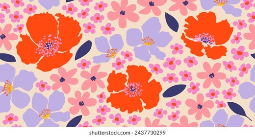 Exotic hand drawn flowers, seamless patterns with floral for fabric, textiles, clothing, wrapping paper, cover, banner, home decor, abstract backgrounds.