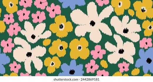 Exotic hand drawn flowers, seamless patterns embroidery style with floral for fabric, textiles, wrapping paper, cover, wall art, home decor, abstract backgrounds. Vector illustration.