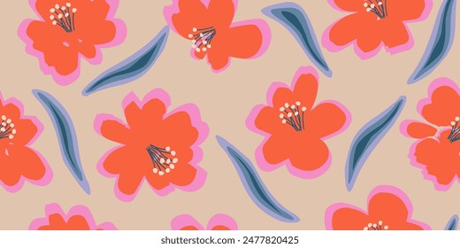 Exotic hand drawn flowers, seamless patterns with floral for fabric, textiles, clothing, wrapping paper, cover, banner, home decor, abstract backgrounds. Vector illustration.