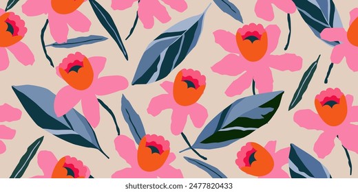 Exotic hand drawn flowers, seamless patterns with floral for fabric, textiles, clothing, wrapping paper, cover, banner, home decor, abstract backgrounds. Vector illustration.