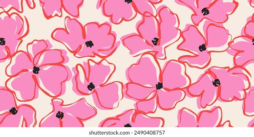 Exotic hand drawn flowers, seamless patterns with florals, These repeated and decorative designs are used for packaging, decorating, interior design, wallpapers, banners, background and more.