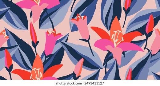 Exotic hand drawn flowers, seamless patterns with floral for fabric, textiles, clothing, wallpaper, cover, banner, home decor, abstract backgrounds. Vector illustration.