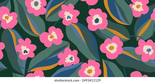 Exotische handgezeichnete Blumen, nahtlose Muster mit Blumenmuster für Stoff, Textilien, Bekleidung, Bildschirmhintergrund, Bezug, Banner, Wohnkultur, abstrakte Hintergründe. Vektorillustration.