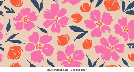 Exotic hand drawn flowers, seamless patterns with floral for fabric, textiles, clothing, wallpaper, cover, banner, interior decor, abstract backgrounds. Vector illustration.