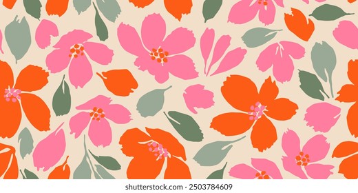 Exotic hand drawn flowers, seamless patterns with floral for fabric, textiles, clothing, wallpaper, cover, banner, interior decor, abstract backgrounds. Vector illustration.