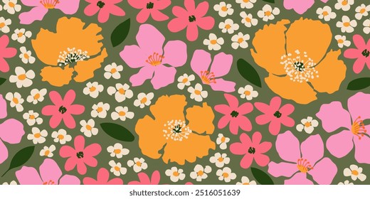 Exotic hand drawn flowers, seamless patterns with floral for fabric, textiles, clothing, wrapping paper, cover, banner, home decor, abstract backgrounds.