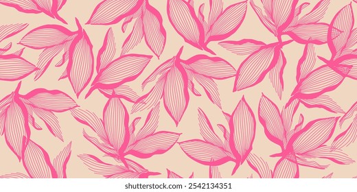 Flores exóticas desenhadas à mão, padrões sem costura com floral para tecido, têxteis, roupas, papel de embrulho, capa, banner, decoração de casa, fundos abstratos. Ilustração vetorial.