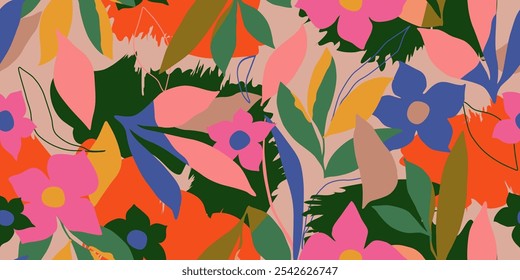 Flores dibujadas a mano exóticas, patrones sin costuras con flores para tela, textiles, prendas de vestir, papel de regalo, cubierta, Anuncio, decoración del hogar, fondos abstractos. Ilustración vectorial.