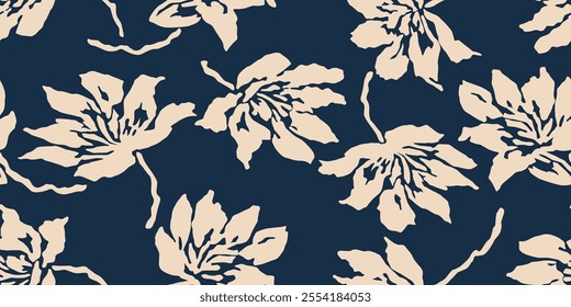 Exotic hand drawn flowers, seamless patterns with floral for fabric, textiles, clothing, wrapping paper, cover, banner, home decor, abstract backgrounds. Vector illustration.