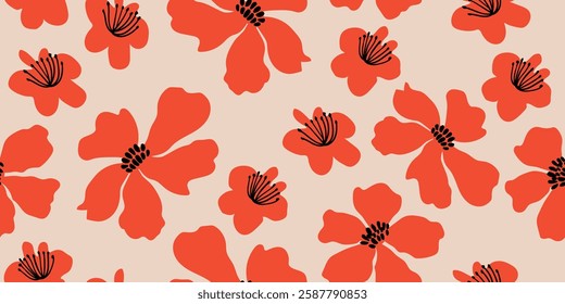 Exotic hand drawn flowers, seamless pattern for fabric, textile, apparel, wrapping paper, cover, banner, home decor, abstract background.