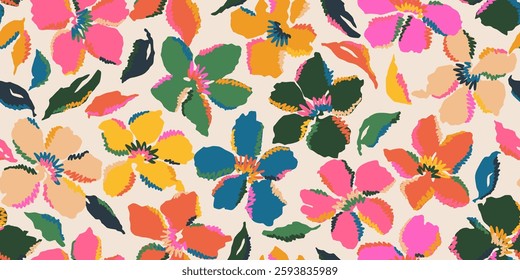Exotic hand drawn flowers, seamless patterns with floral for fabric, textiles, clothing, wallpaper, wall art, cover, banner, home decor, abstract backgrounds.