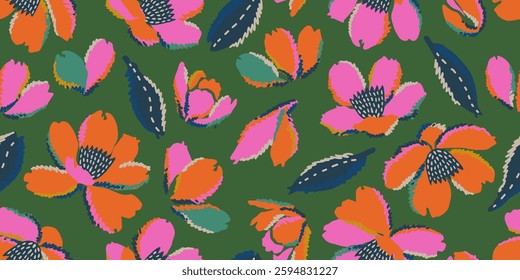 Exotic hand drawn flowers, seamless patterns with floral for fabric, textiles, clothing, wallpaper, wall art, cover, banner, home decor, abstract backgrounds.