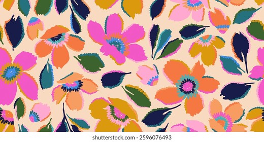 Exotic hand drawn flowers, seamless patterns with floral for fabric, textiles, clothing, wrapping paper, cover, banner, home decor, abstract backgrounds.