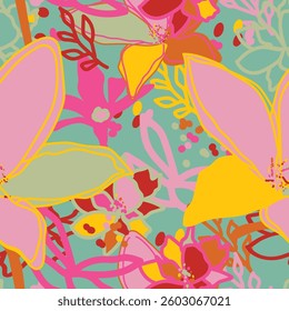 Exotic hand drawn flowers, seamless pattern with floral for fabric, textiles, clothing, wrapping paper, cover, banner, home decor, abstract background