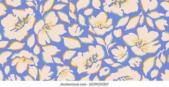 Exotic hand drawn flowers, seamless patterns with floral for fabric, textiles, clothing, wallpapers, covers, banners, home decor, abstract backgrounds. Vector illustration.