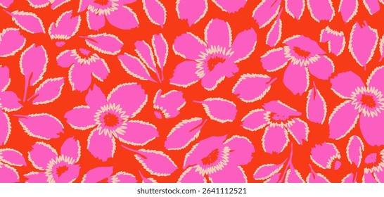 Exotic hand drawn flowers, seamless patterns with floral for fabric, textiles, clothing, wrapping paper, cover, banner, home decor, abstract backgrounds. Vector illustration.