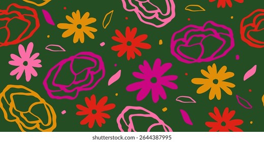 Exotic hand drawn flowers, seamless patterns with colorful floral for fabric, textiles, wrapping paper, cover, banner, home decor, wall art, abstract backgrounds. Vector illustration.