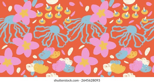 Exotic hand drawn flowers, seamless patterns with floral for fabric, textiles, clothing, wrapping paper, cover, banner, home decor, abstract backgrounds.