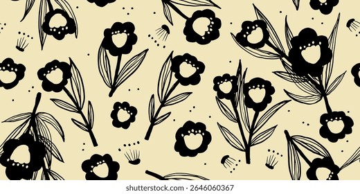 Exotic hand drawn flowers, seamless patterns with floral for fabric, textiles, clothing, wrapping paper, cover, banner, home decor, abstract backgrounds. Vector illustration. 