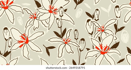 Exotic hand drawn flowers, seamless patterns with floral for fabric, textiles, clothing, wrapping paper, cover, banner, home decor, abstract backgrounds.

