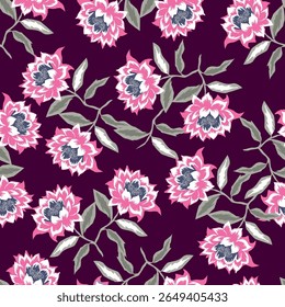 Exotic hand drawn flowers, seamless patterns with floral for fabric, textiles, clothing, wrapping paper, cover, banner, home decor, abstract backgrounds. Vector illustration.