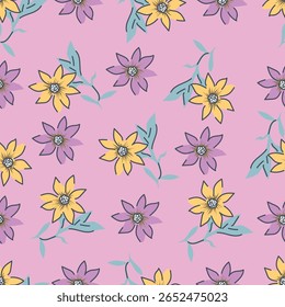 Exotic hand drawn flowers, seamless patterns with floral for fabric, textiles, clothing, wrapping paper, cover, banner, home decor, abstract backgrounds. Vector illustration.