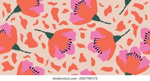 Exotic hand drawn geometric flowers, seamless pattern for fabric, textile, apparel, wrapping paper, cover, banner, home decor, abstract background.