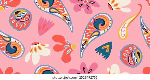 Exótico dibujado a mano paisley y patrón de flores. Estampado de estilo étnico con flores para tela, textiles, ropa, póster, cubierta, Anuncio, decoración del hogar, fondo abstracto. Ilustración vectorial.