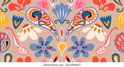 Exotic hand drawn paisley and flowers pattern. Ethnic style print with floral for fabric, textiles, clothing, poster, cover, banner, home decor, abstract background. Vector illustration.