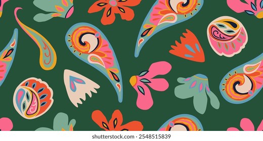 Exotic hand drawn paisley and flowers pattern. Ethnic style print with floral for fabric, textiles, clothing, poster, cover, banner, home decor, abstract background. Vector illustration.