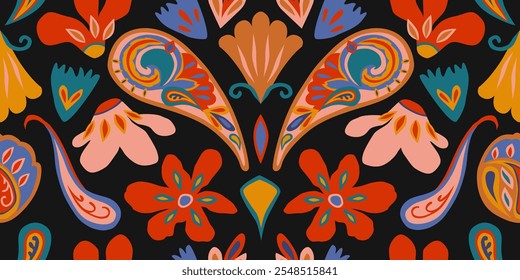 Exótico dibujado a mano paisley y patrón de flores. Estampado de estilo étnico con flores para tela, textiles, ropa, póster, cubierta, Anuncio, decoración del hogar, fondo abstracto. Ilustración vectorial.