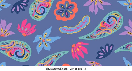 Mão exótica desenhada paisley e padrão de flores. Impressão de estilo étnico com floral para tecido, têxteis, roupas, cartaz, capa, banner, decoração de casa, fundo abstrato. Ilustração vetorial.