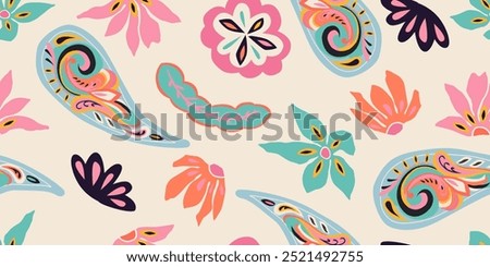 Exotic hand drawn paisley and flowers pattern. Ethnic style print with floral for fabric, textiles, clothing, poster, cover, banner, home decor, abstract background. Vector illustration.